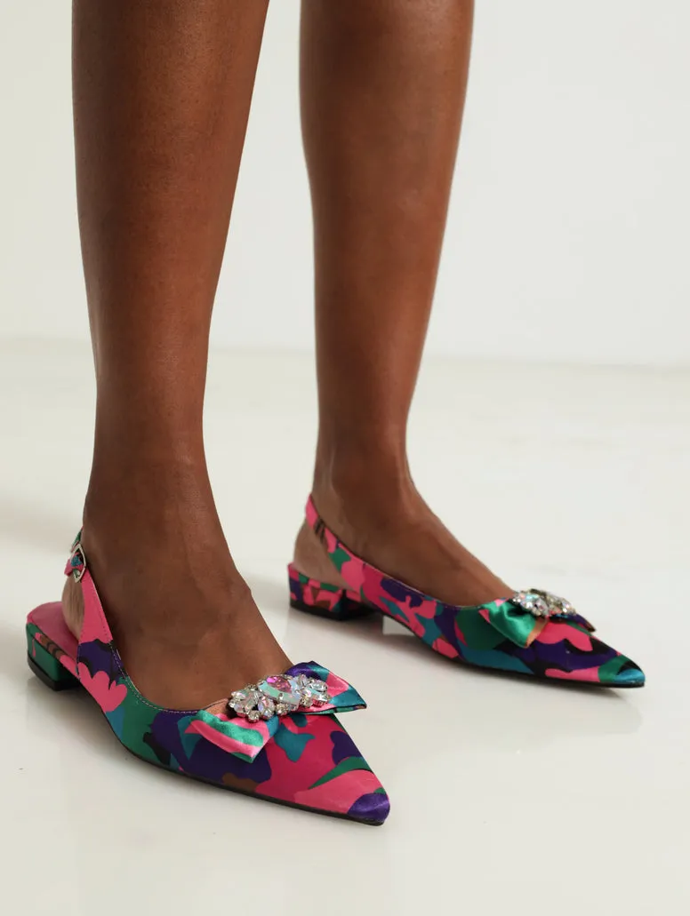 Printed Pointy Pump With Bow & Jewel Trim Slingback - Multi