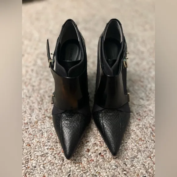 Rachel Roy Alena Leather Harness Snakeskin Pointed Black Heeled Booties