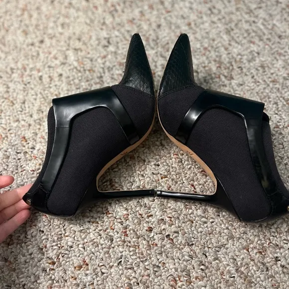 Rachel Roy Alena Leather Harness Snakeskin Pointed Black Heeled Booties