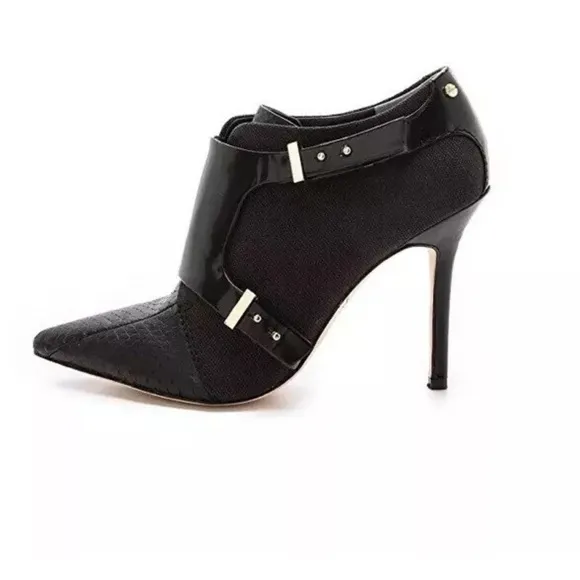 Rachel Roy Alena Leather Harness Snakeskin Pointed Black Heeled Booties