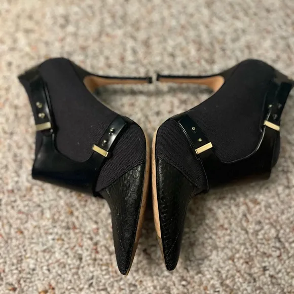 Rachel Roy Alena Leather Harness Snakeskin Pointed Black Heeled Booties