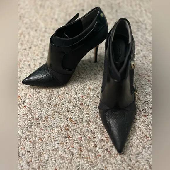 Rachel Roy Alena Leather Harness Snakeskin Pointed Black Heeled Booties