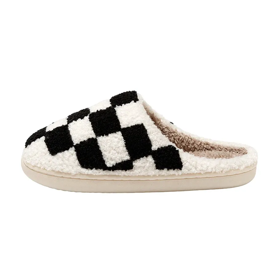 Retro Checkered Plush Slippers for Women Fuzzy Checker Cozy Winter Indoor Comfort Fluffy Breathable Cushion Slides Soft Shoes