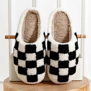 Retro Checkered Plush Slippers for Women Fuzzy Checker Cozy Winter Indoor Comfort Fluffy Breathable Cushion Slides Soft Shoes