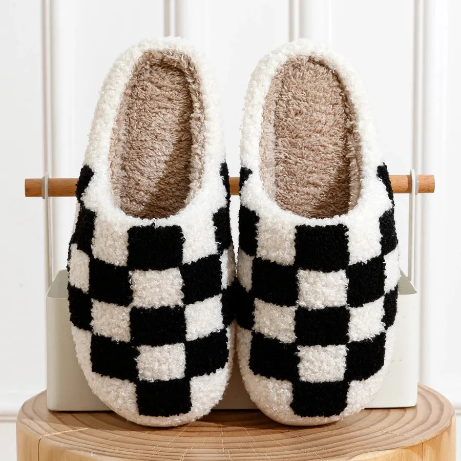 Retro Checkered Plush Slippers for Women Fuzzy Checker Cozy Winter Indoor Comfort Fluffy Breathable Cushion Slides Soft Shoes