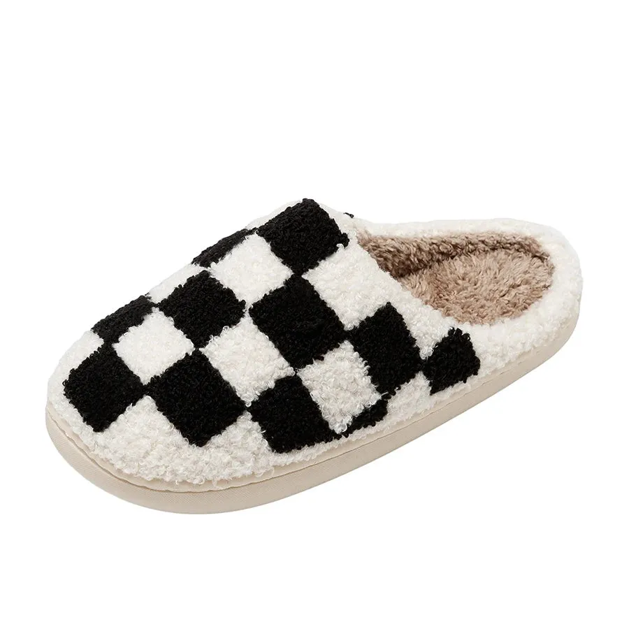 Retro Checkered Plush Slippers for Women Fuzzy Checker Cozy Winter Indoor Comfort Fluffy Breathable Cushion Slides Soft Shoes
