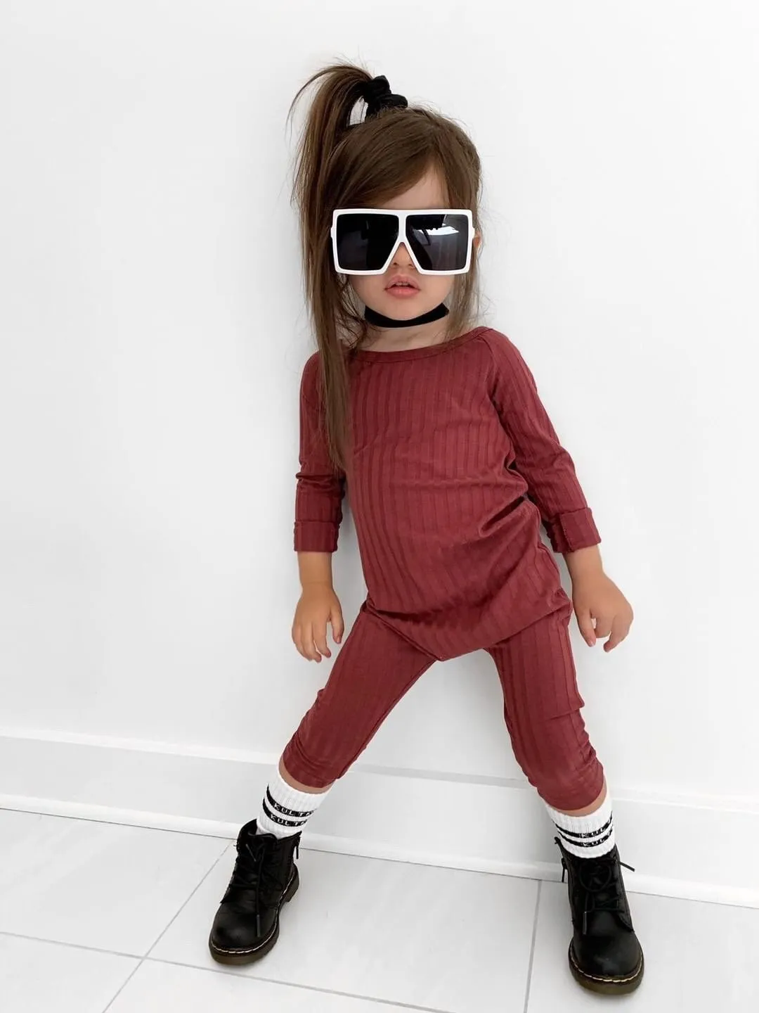 Ribbed Off Shoulder Jumpsuit in Burgundy
