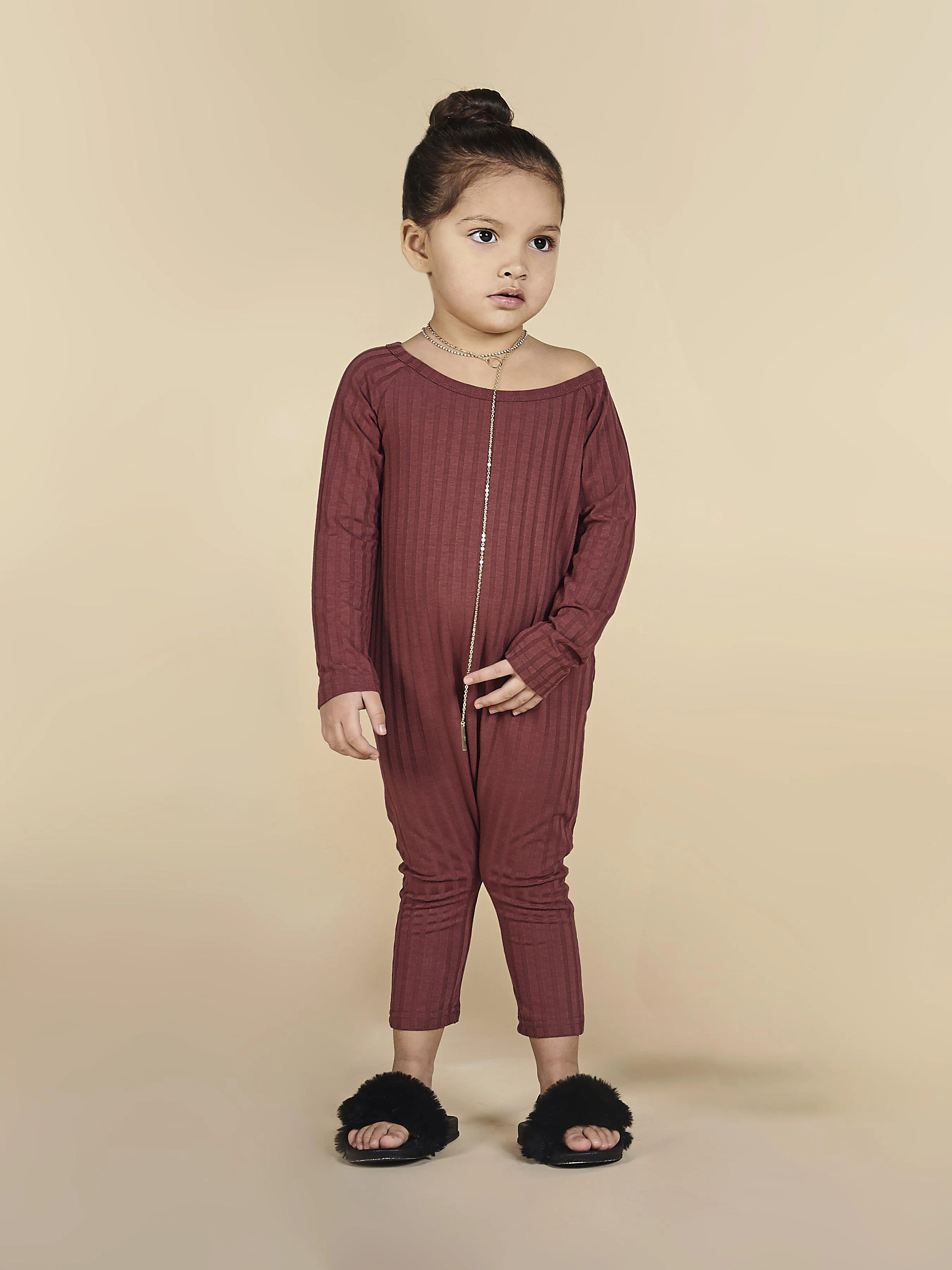 Ribbed Off Shoulder Jumpsuit in Burgundy