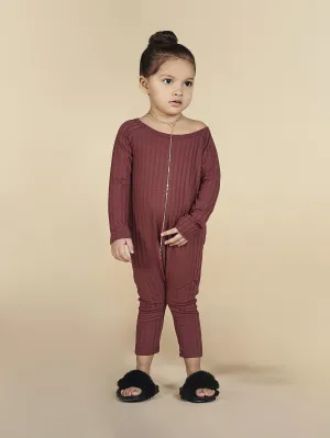 Ribbed Off Shoulder Jumpsuit in Burgundy
