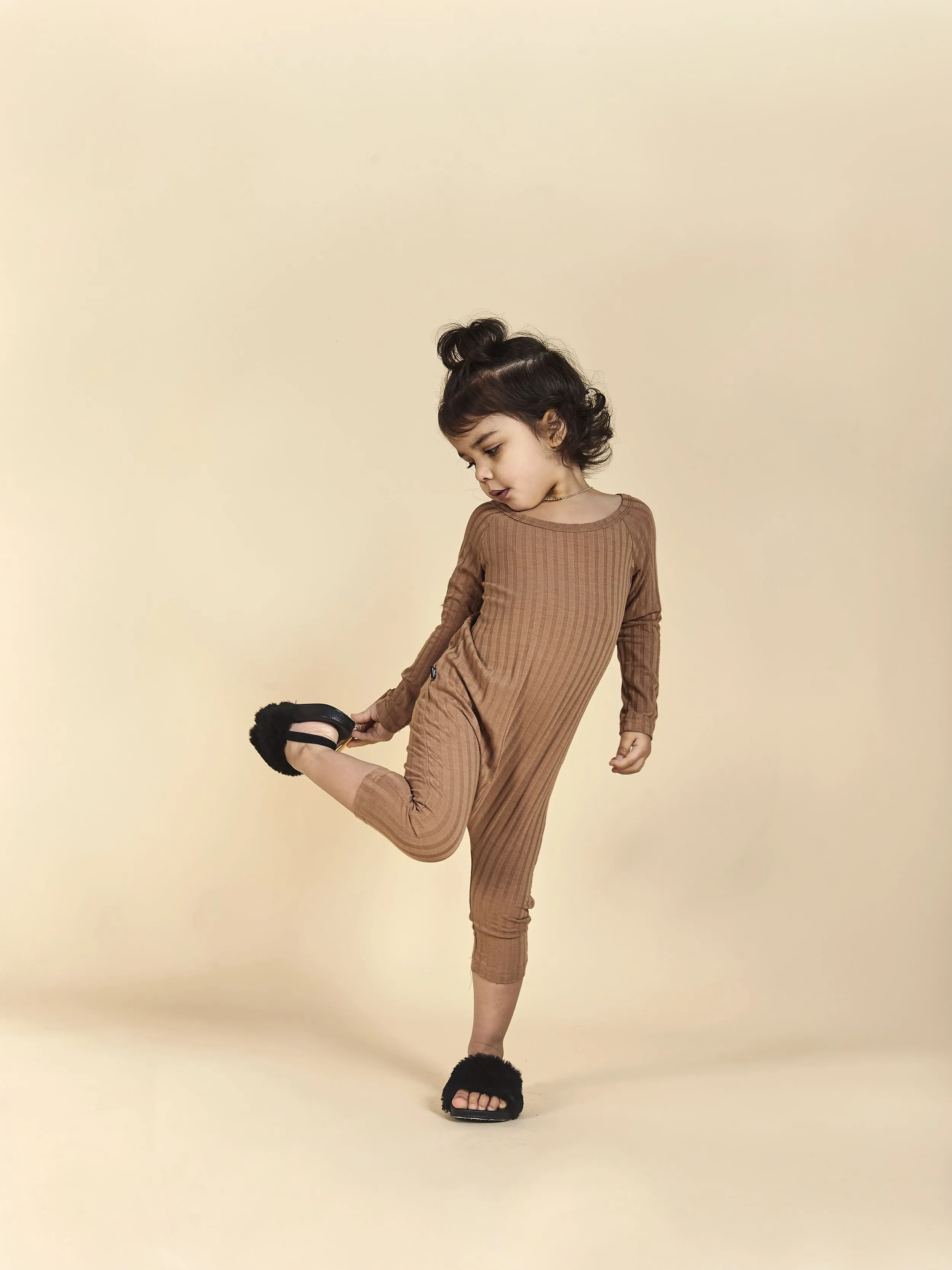 Ribbed Off Shoulder Jumpsuit in Mocha