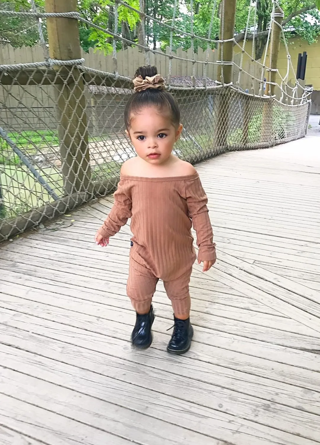 Ribbed Off Shoulder Jumpsuit in Mocha