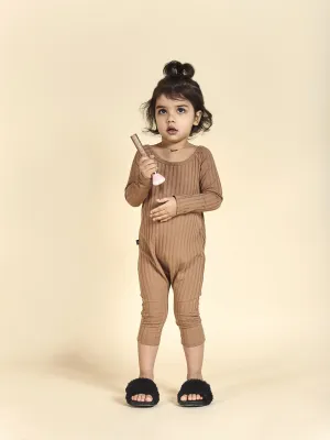 Ribbed Off Shoulder Jumpsuit in Mocha