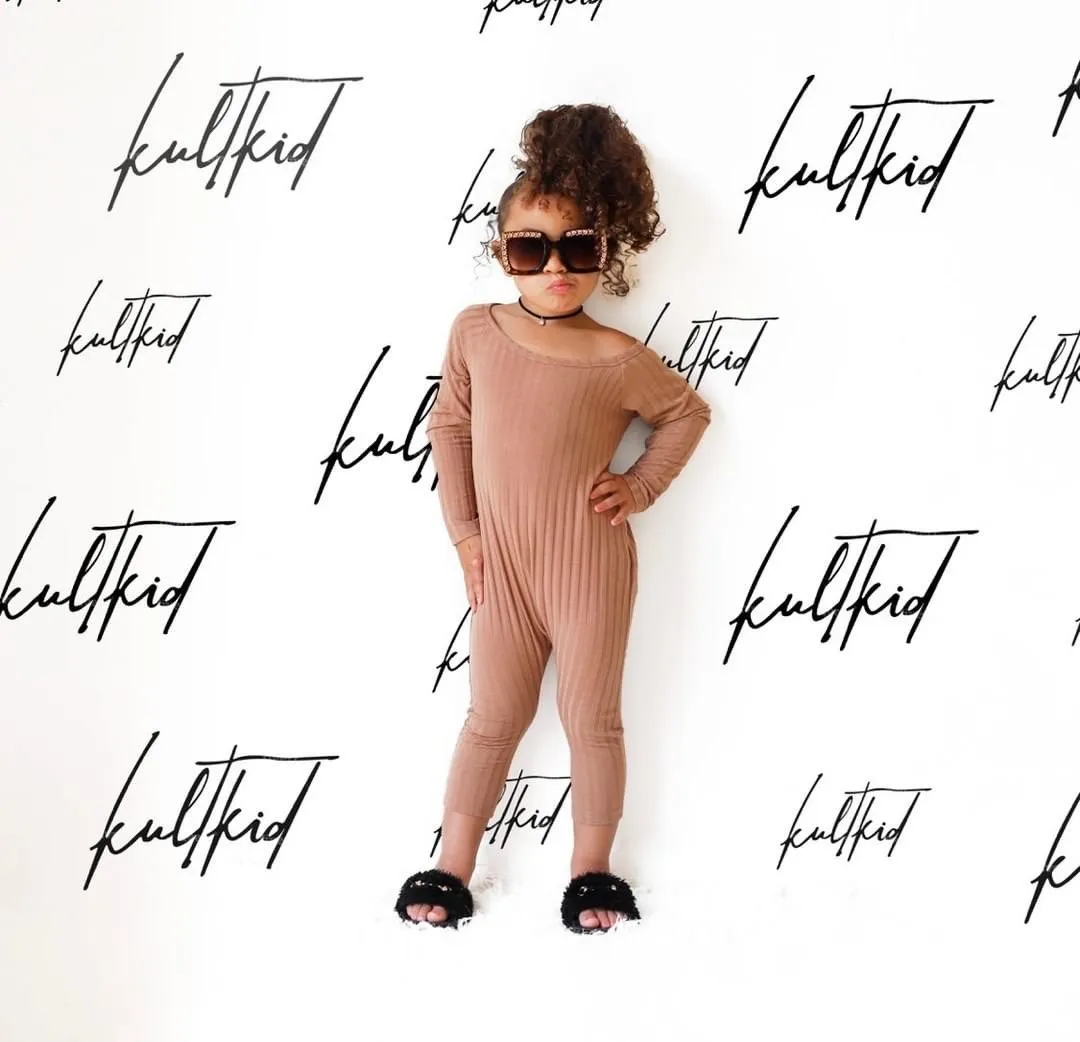 Ribbed Off Shoulder Jumpsuit in Mocha