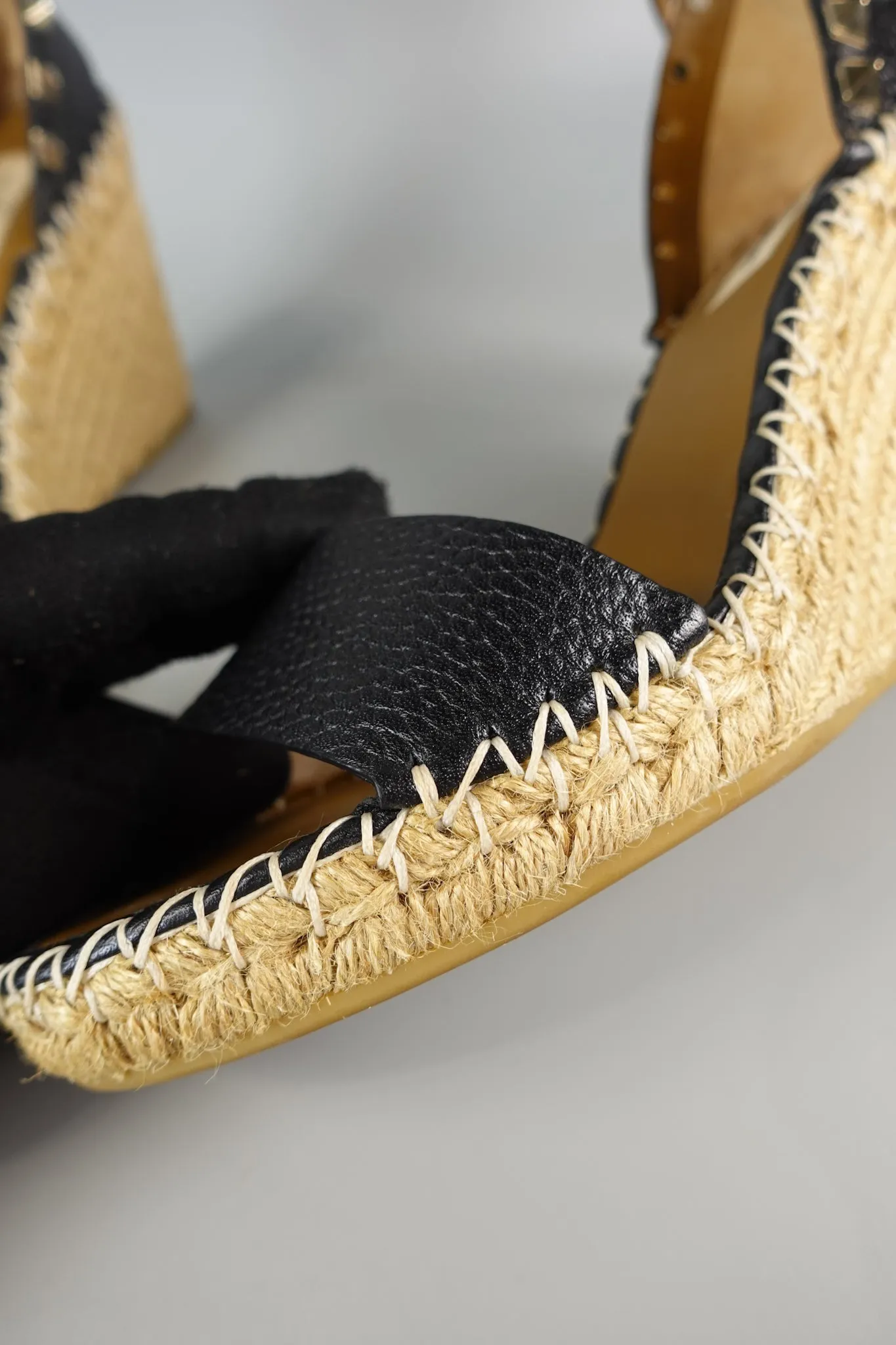 Rockstud Ankle Strap Espadrille Wedge in Black Grainy Calfskin Size 40 (26cm)