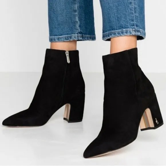 Sam Edelman Suede Booties Pointed Toe Hilty Ankle Block Black Women's Size 6.5