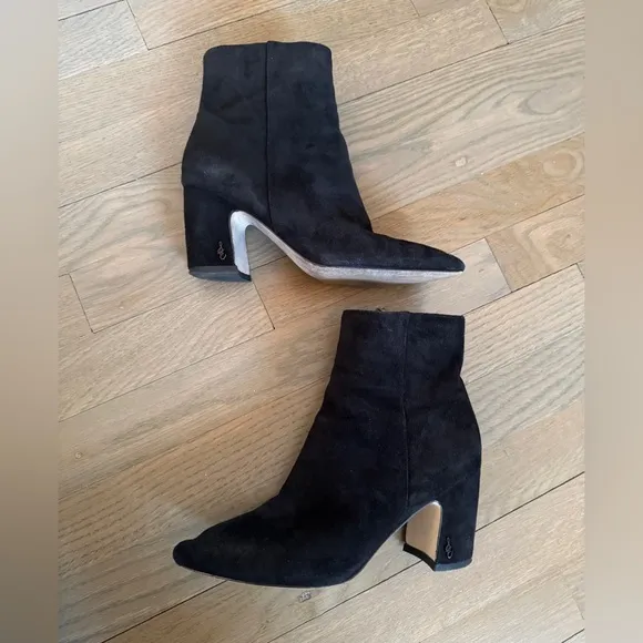Sam Edelman Suede Booties Pointed Toe Hilty Ankle Block Black Women's Size 6.5