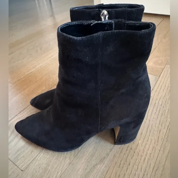 Sam Edelman Suede Booties Pointed Toe Hilty Ankle Block Black Women's Size 6.5