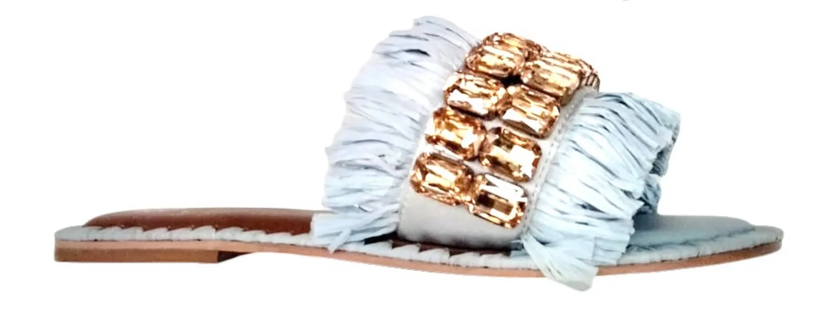 SAMMY RAFFIA SLIDES WITH CRYSTALS