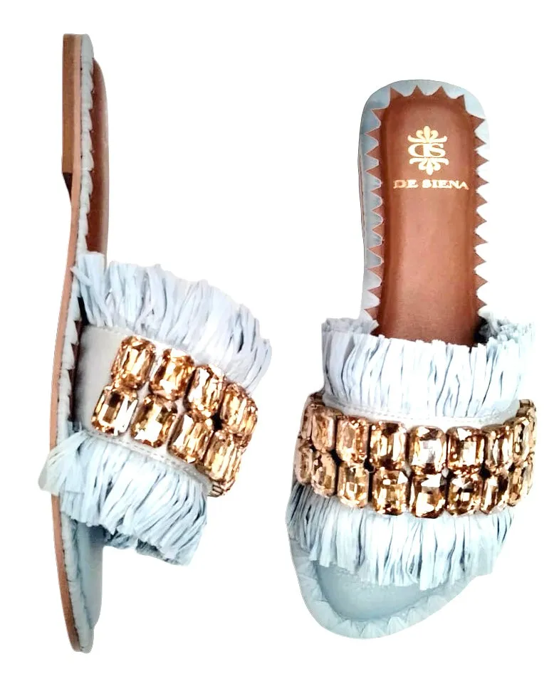 SAMMY RAFFIA SLIDES WITH CRYSTALS