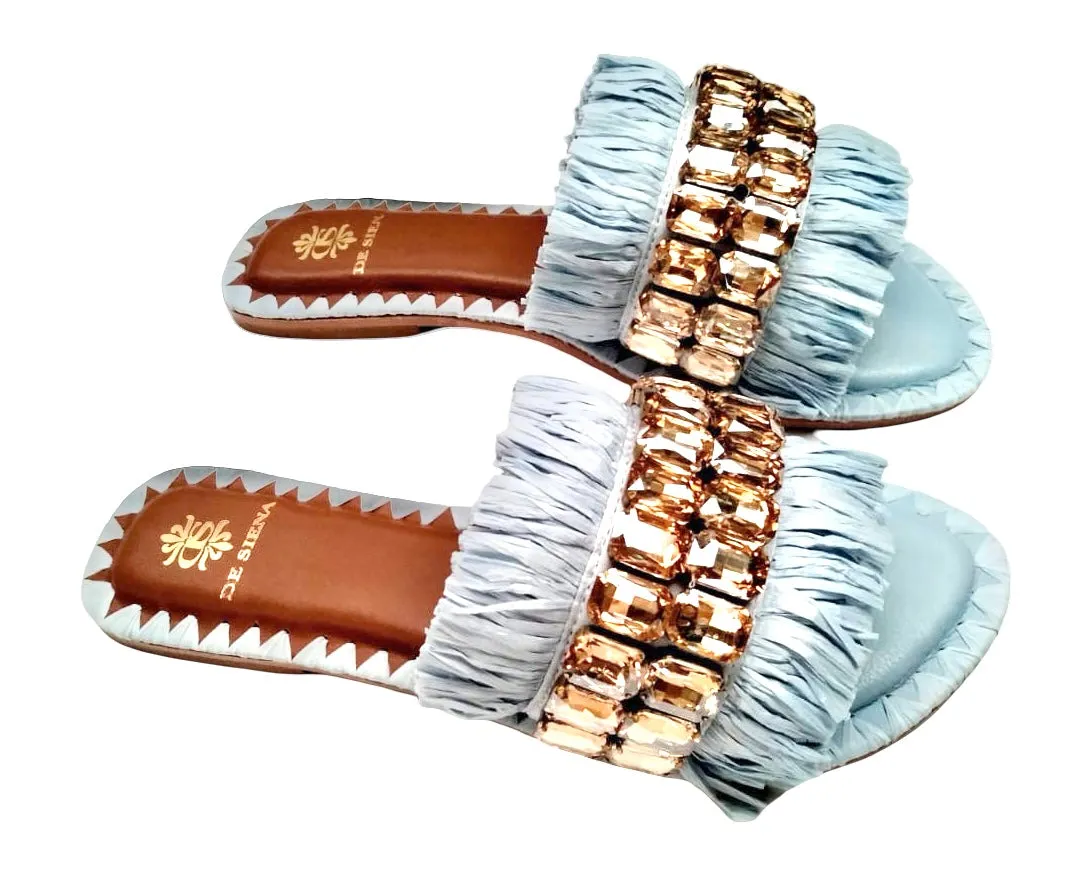 SAMMY RAFFIA SLIDES WITH CRYSTALS