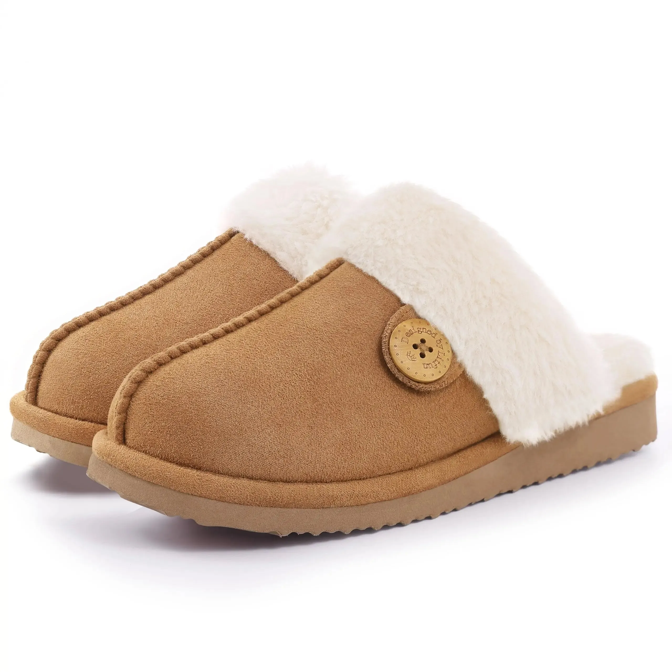 Shevalues Fuzzy House Slippers Women Winter Furry Slides Soft Fluffy Collar Lining Slippers Indoor Warm Bedroom Plush Slippers