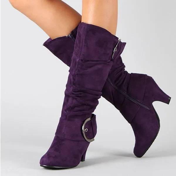 Short Heel Solid Color Long Boots Pointed Toe Knee High Ladies Boots Outdoor Non-slip Booties