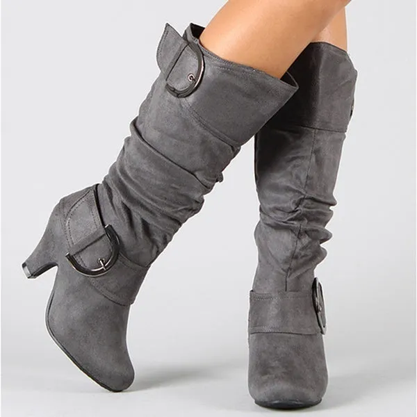 Short Heel Solid Color Long Boots Pointed Toe Knee High Ladies Boots Outdoor Non-slip Booties