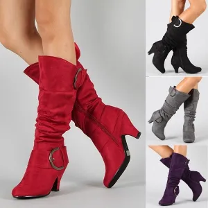 Short Heel Solid Color Long Boots Pointed Toe Knee High Ladies Boots Outdoor Non-slip Booties