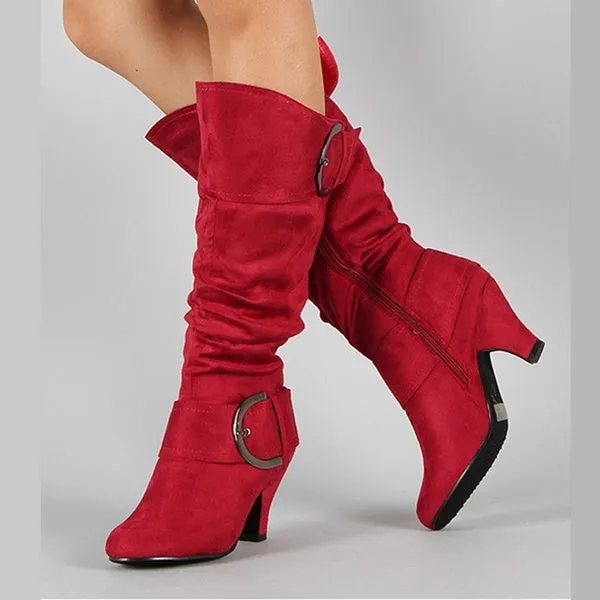 Short Heel Solid Color Long Boots Pointed Toe Knee High Ladies Boots Outdoor Non-slip Booties