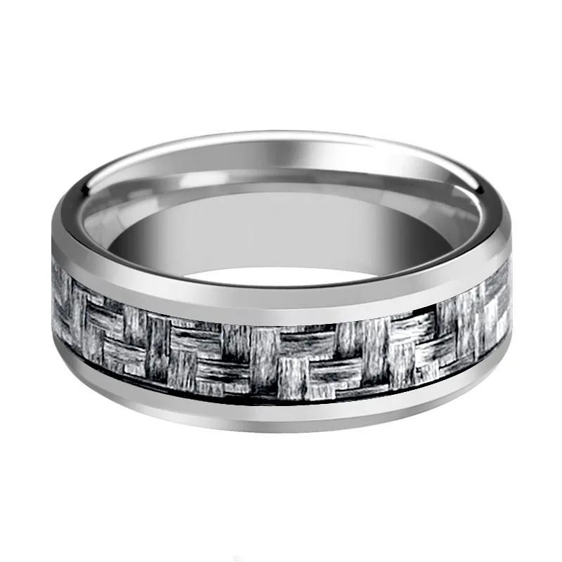 SKYLO | Silver Tungsten Ring, Grey Carbon Fiber Inlay, Beveled