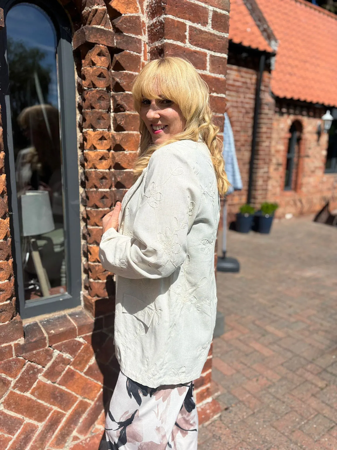 Stone Linen Blend Floral Stitch Blazer Katie