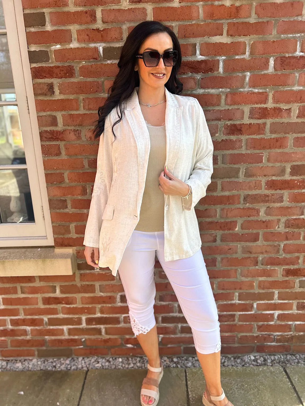 Stone Linen Blend Floral Stitch Blazer Katie
