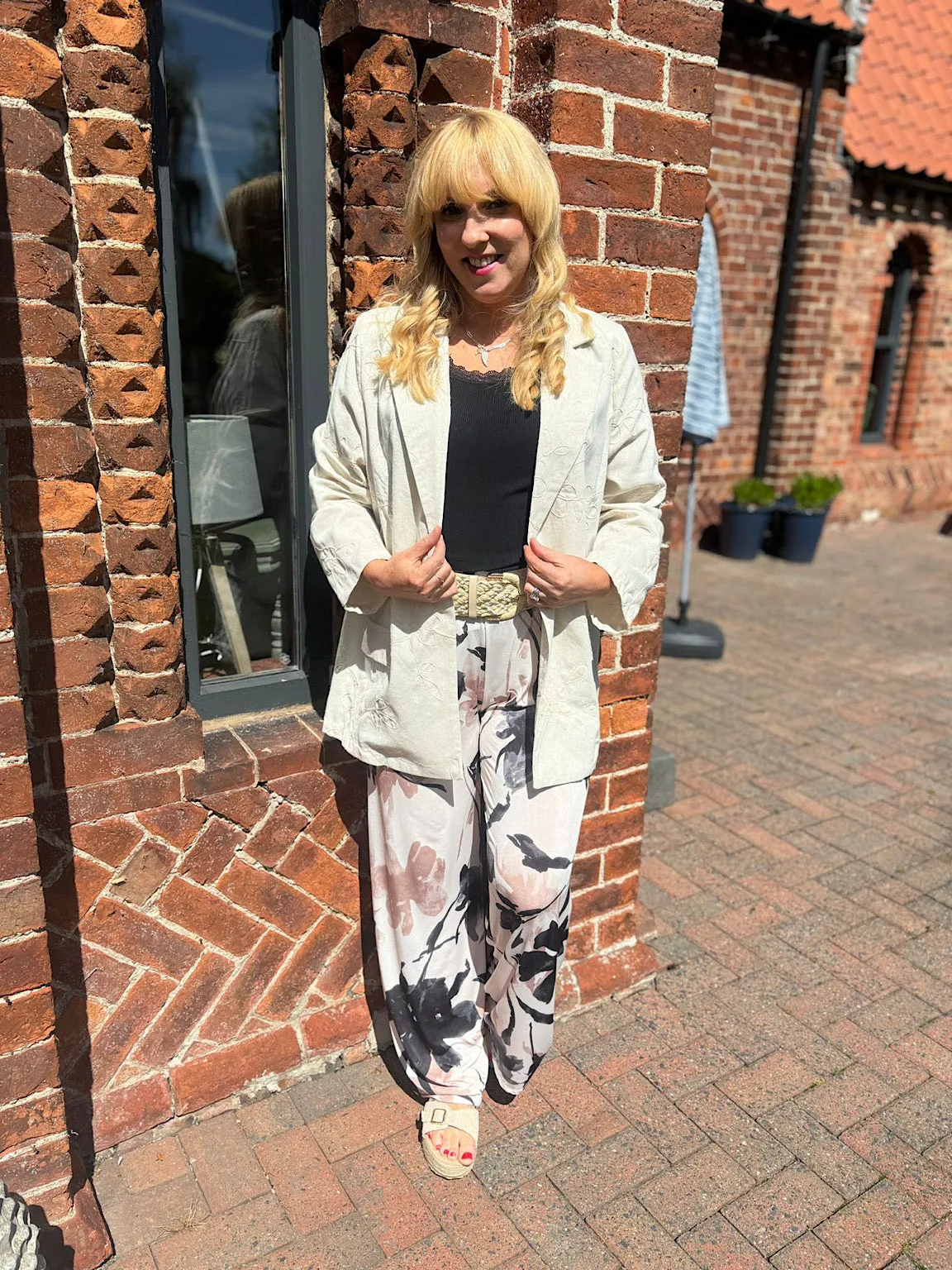 Stone Linen Blend Floral Stitch Blazer Katie