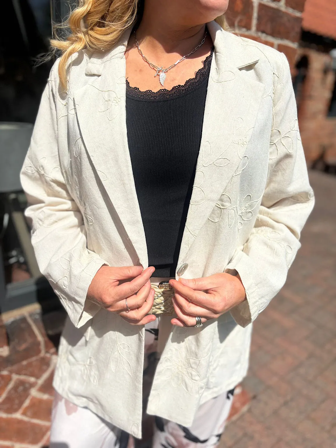 Stone Linen Blend Floral Stitch Blazer Katie