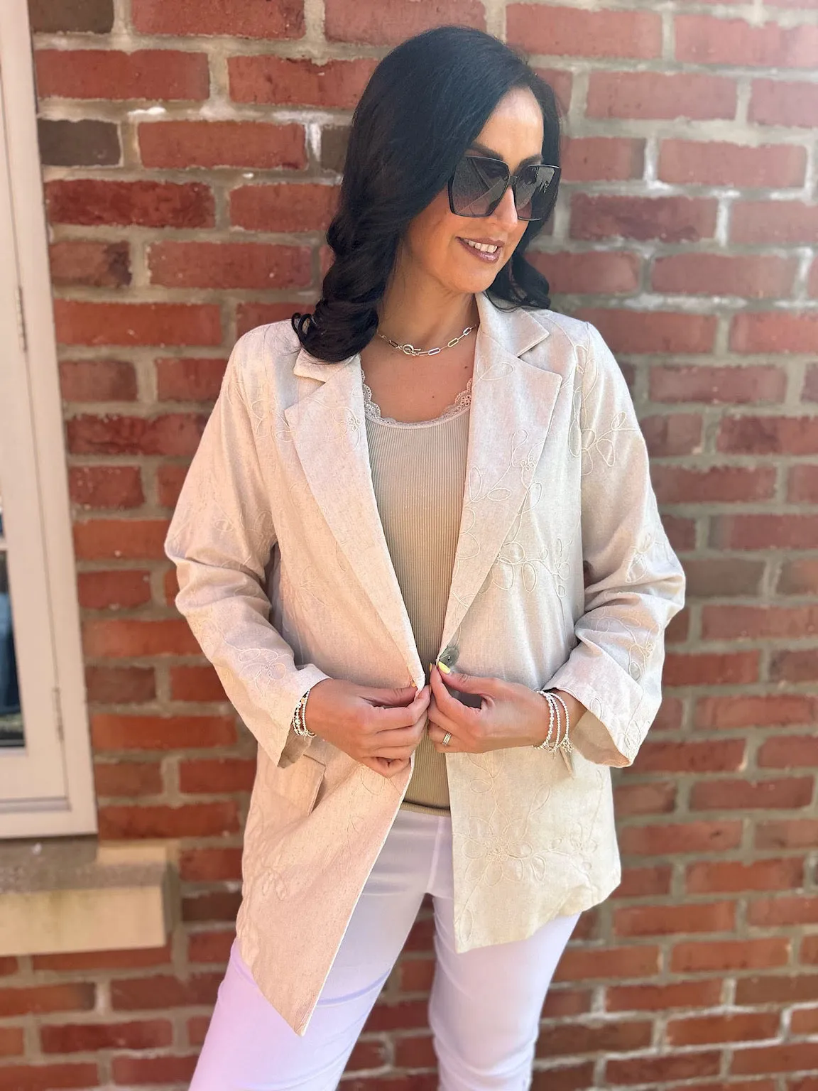 Stone Linen Blend Floral Stitch Blazer Katie