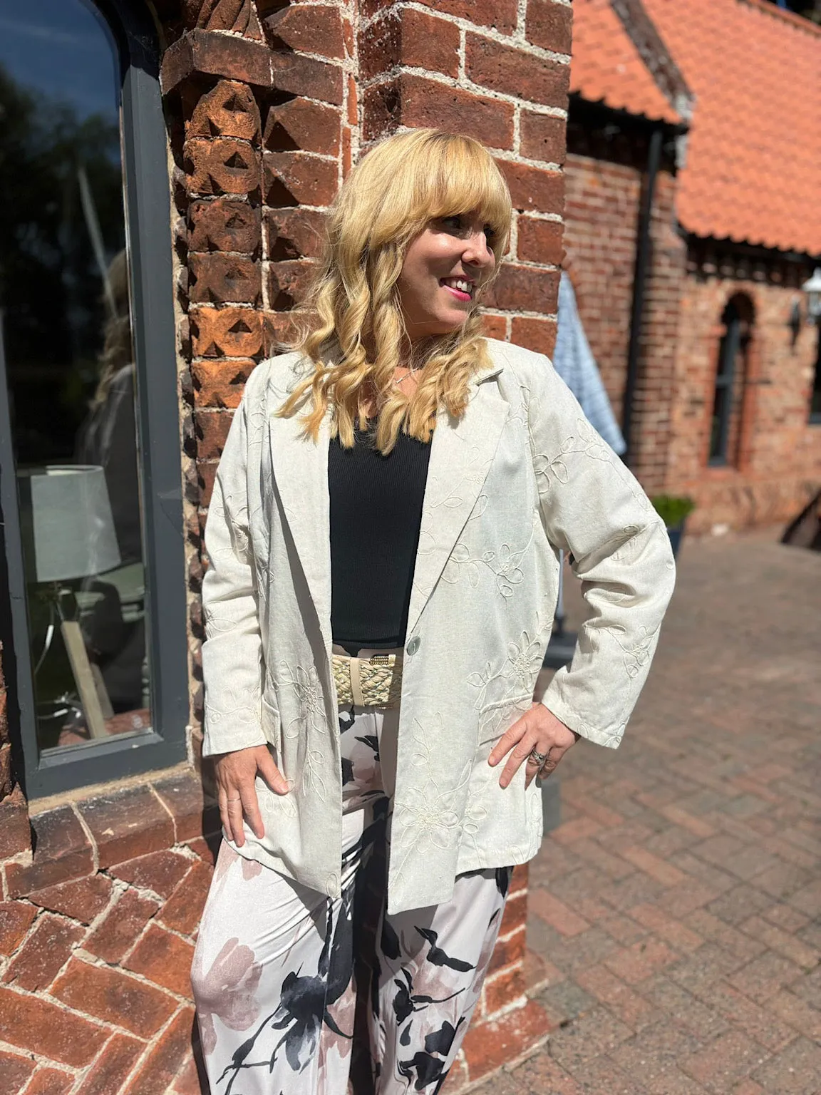 Stone Linen Blend Floral Stitch Blazer Katie
