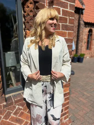 Stone Linen Blend Floral Stitch Blazer Katie
