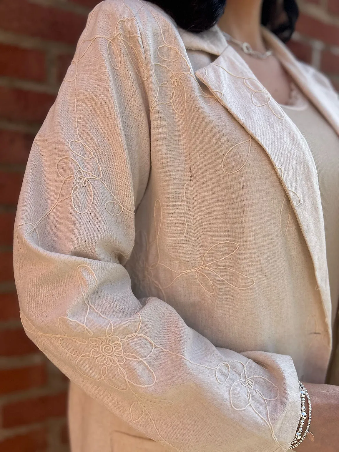 Stone Linen Blend Floral Stitch Blazer Katie