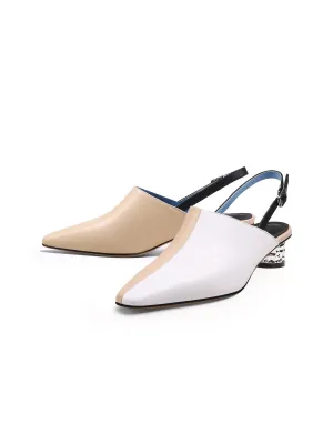 Strap-Detail Crystal Heel Leather D'Orsay Point Toe Sandals Pumps Loafers- Cream Beige