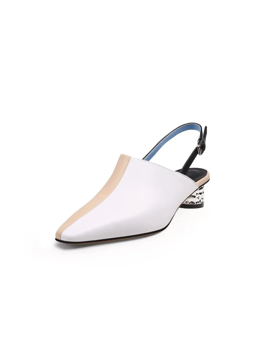 Strap-Detail Crystal Heel Leather D'Orsay Point Toe Sandals Pumps Loafers- Cream Beige