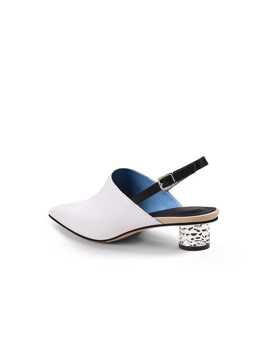 Strap-Detail Crystal Heel Leather D'Orsay Point Toe Sandals Pumps Loafers- Cream Beige