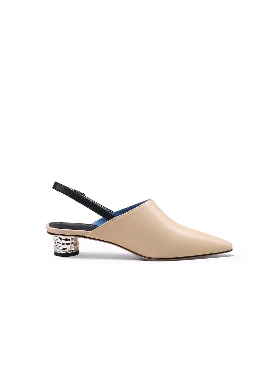 Strap-Detail Crystal Heel Leather D'Orsay Point Toe Sandals Pumps Loafers- Cream Beige