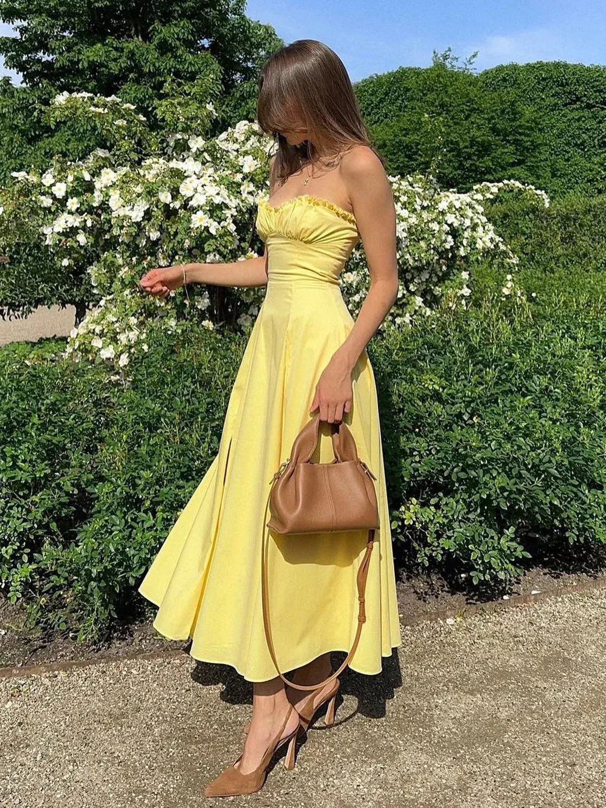 Strapless A-Line Dress with Ruffled Neckline