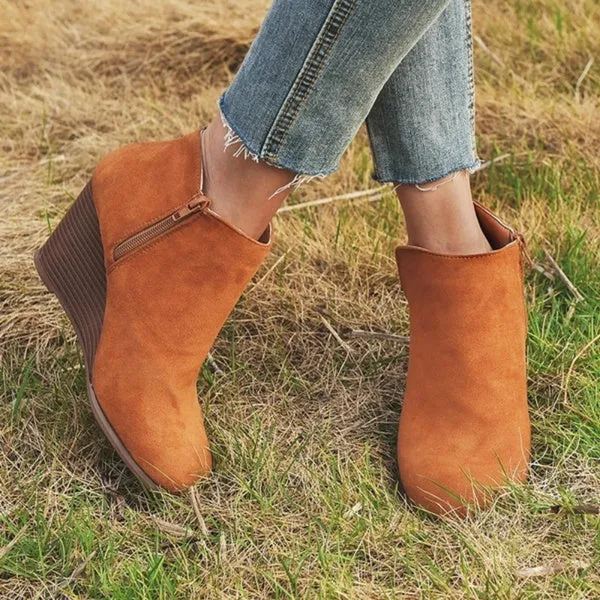 Suede Side Zipper Ankle Boots Bottes Femmes Platform High Wedge Heels Booties Casual Shoes