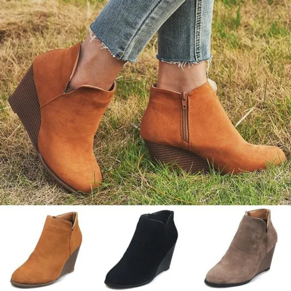 Suede Side Zipper Ankle Boots Bottes Femmes Platform High Wedge Heels Booties Casual Shoes