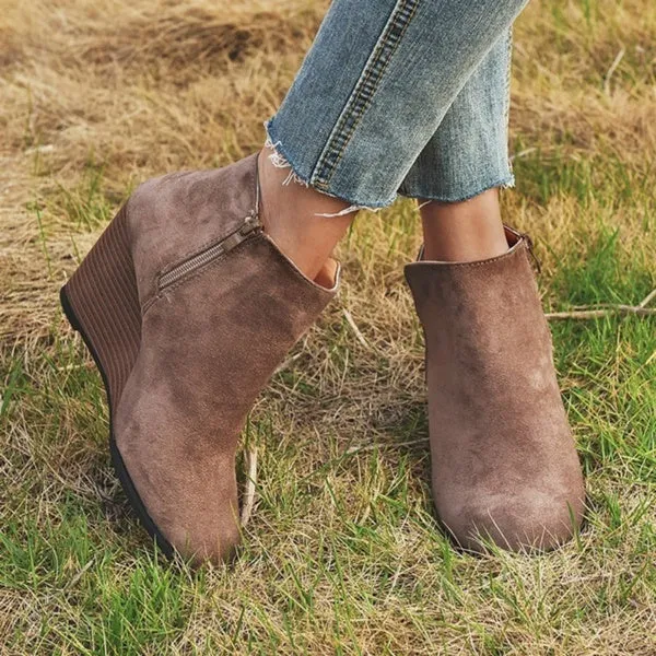 Suede Side Zipper Ankle Boots Bottes Femmes Platform High Wedge Heels Booties Casual Shoes