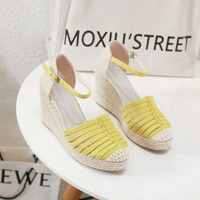 Summer New Thick-Soled Espadrille Wedges High Heels Hemp Rope Sandals Female Roman Shoes