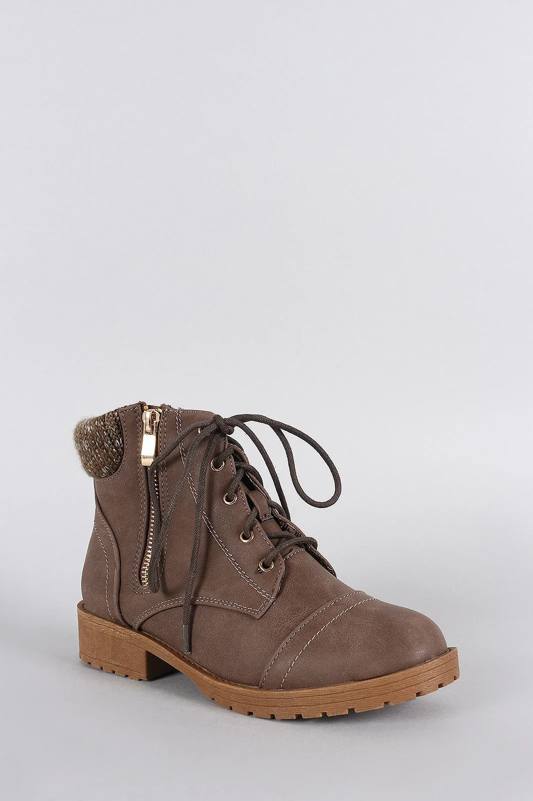 Sweater Cuff Lace Up Zipper Combat Ankle Boots