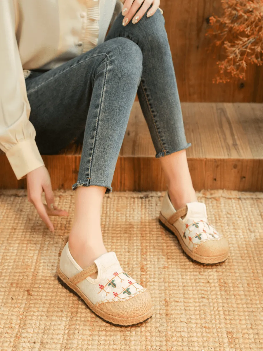 Sweet Garden Embroidered Linen Espadrille - Beige