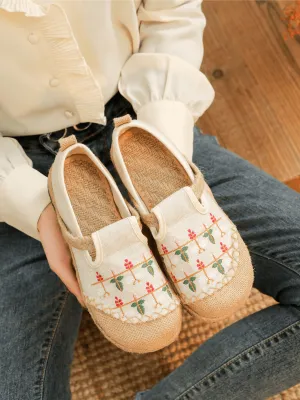 Sweet Garden Embroidered Linen Espadrille - Beige